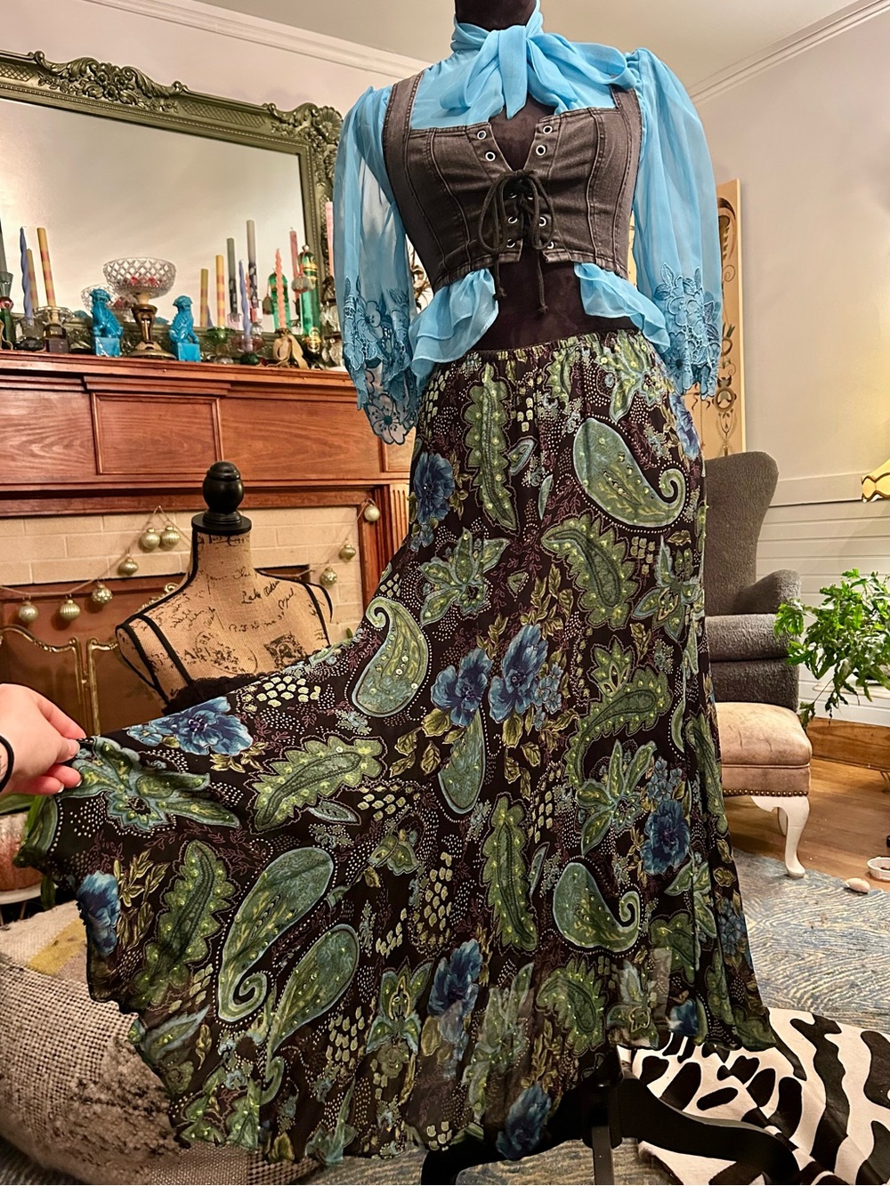 Starina Vintage 90s Whimsygoth Hand Beaded Asymmetrical Paisley Maxi Skirt Small